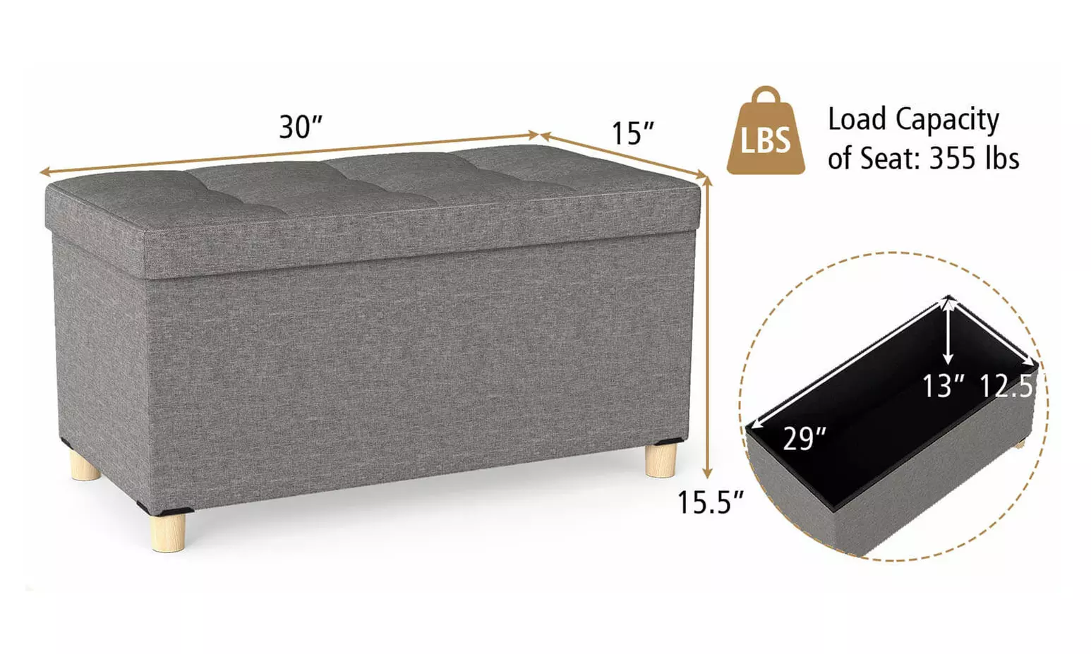 Costway 18 Inches Ottoman with Storage,Tray & Rubber Wood Legs for Small Space