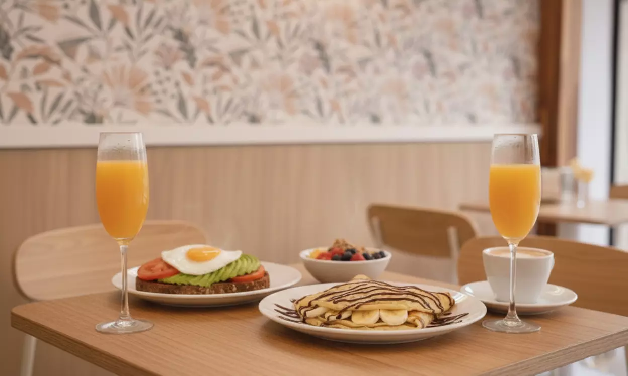 Brunch con platos salados, dulces, bebidas y mimosa clásica