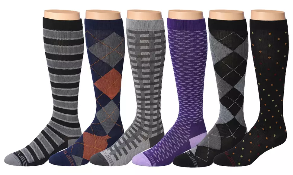 6-Pack Rexx Men's Knee-High Patterned Compression Socks