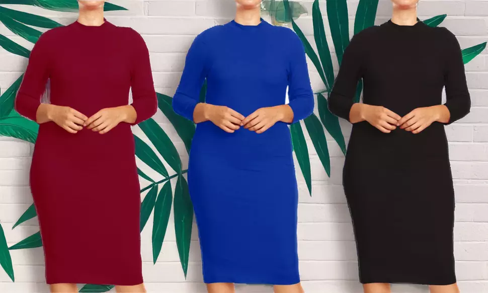 Women's Plus Size Mock Neck 3/4 Sleeves Casual Solid Bodycon Casual Mid Dress - Primary Image