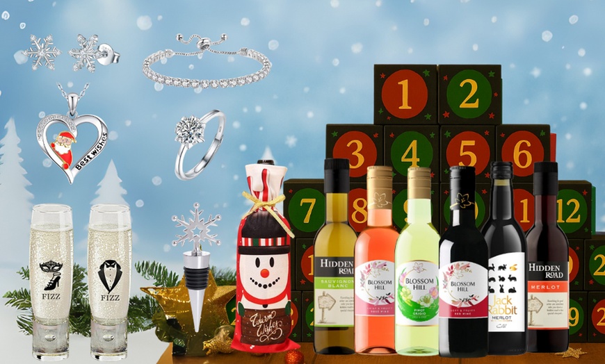 Image 1: 12-Days Christmas Wine and Jewellery Advent Calendar Gift Set