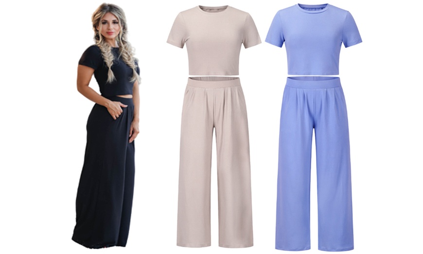 Image 1: Women's Two Piece Crop Top Wide Leg Trousers Set 
