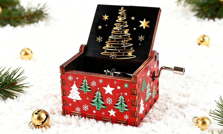 Image 2: Hand Crank Christmas Wooden Music Box Christmas Toy
