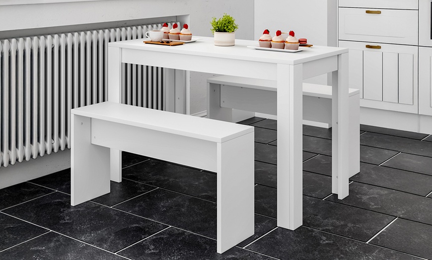 Image 1: Chipboard Three Pieces Dining Set with Table and Two Benches 