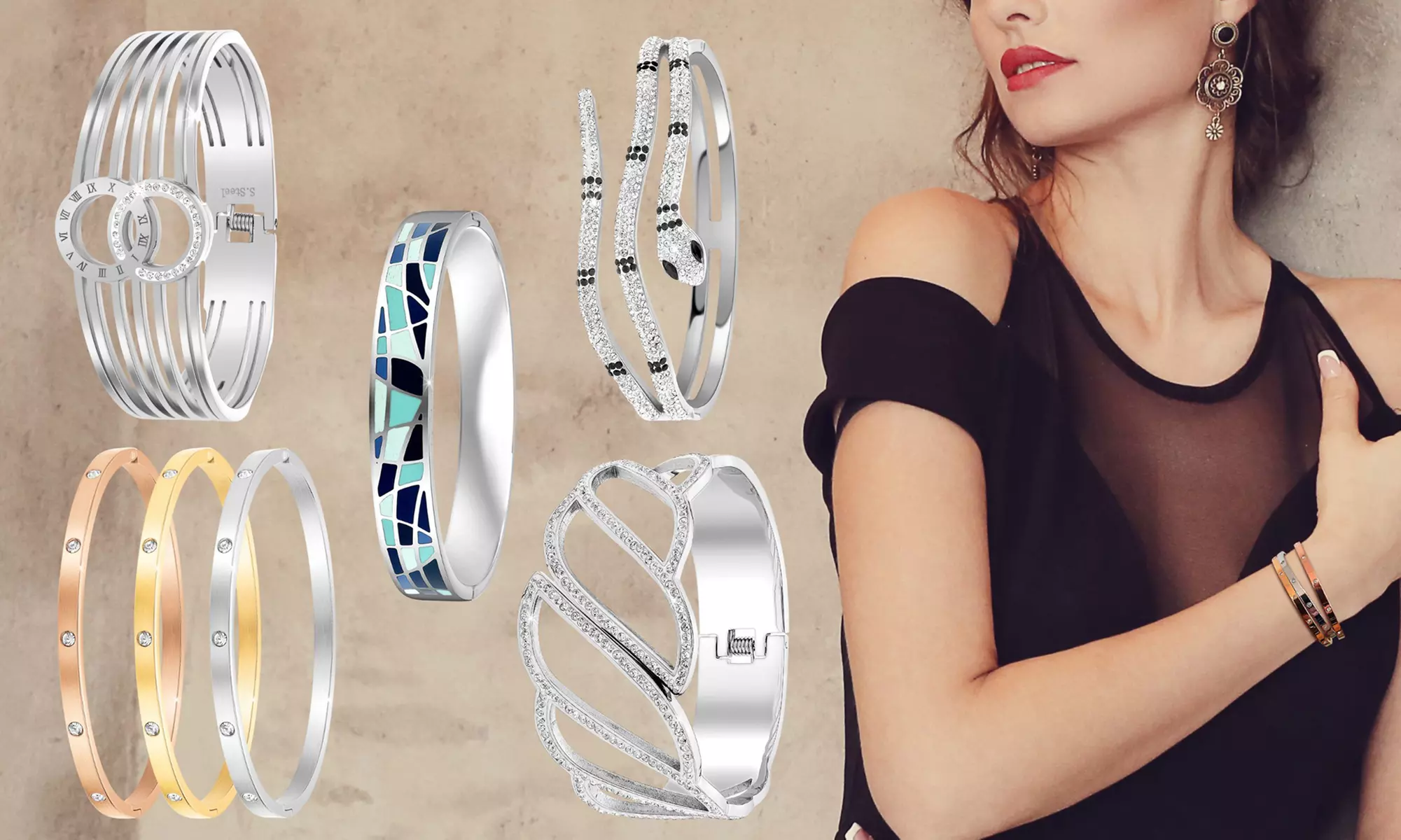 Bracelet en acier inoxydable, orné de cristaux scintillants SC Crystal