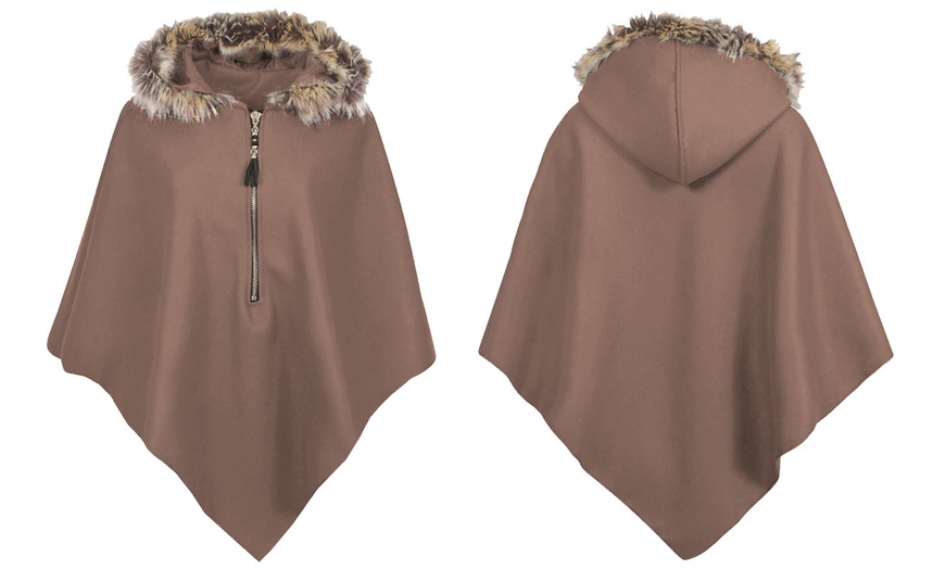 Image 14: Ladies Fur Trim Hooded Cape 