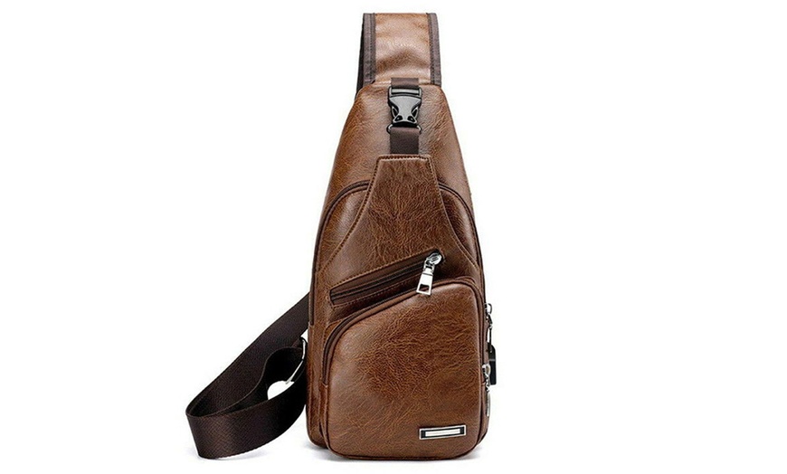 Image 7: Men Women Sling Chest Bag Leather Shoulder Cross-body Pack With USB Port