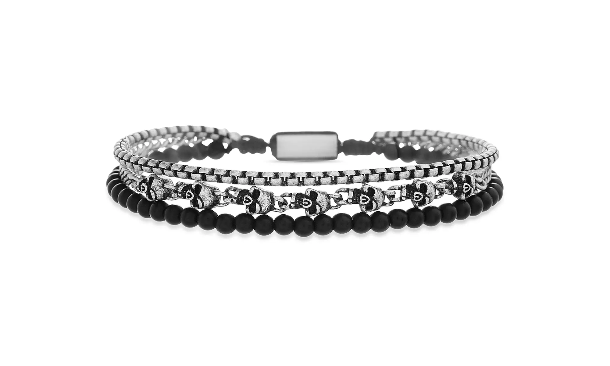 Steve Madden Men's Simulated Stone Beads & Skull Station Triple Strand Bracelet - Primary Image