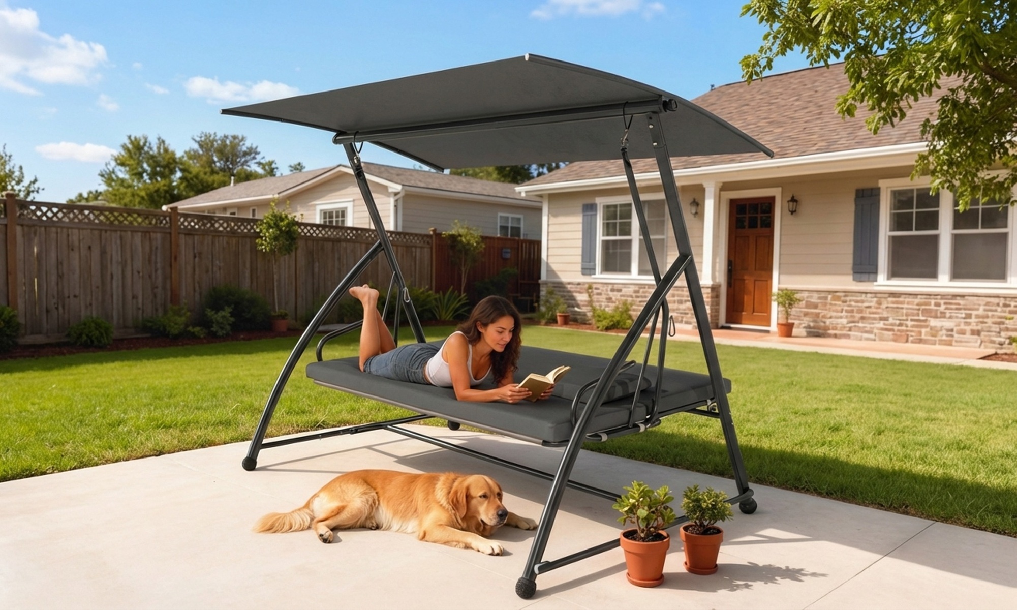 Outsunny 3-Seater Convertible Garden Swing Chair with Canopy