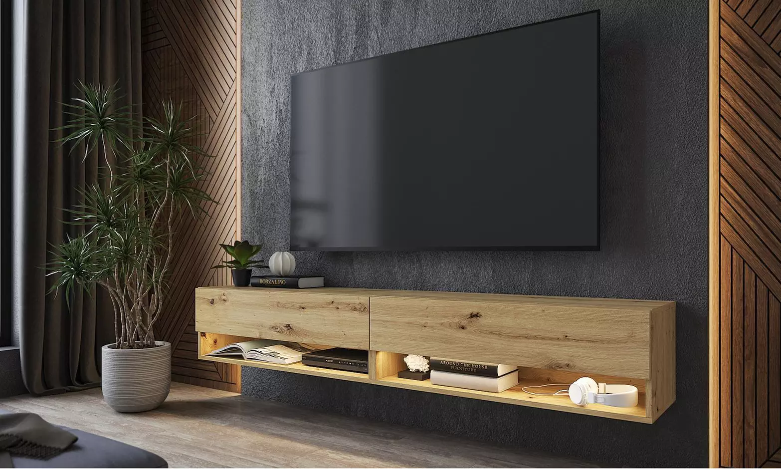 Meuble TV suspendu en chêne ou noir