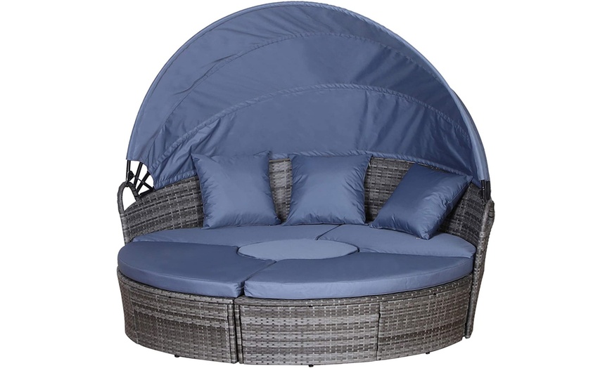 Image 5: Outsunny Round Rattan Sofa Bed with Retractable Canopy