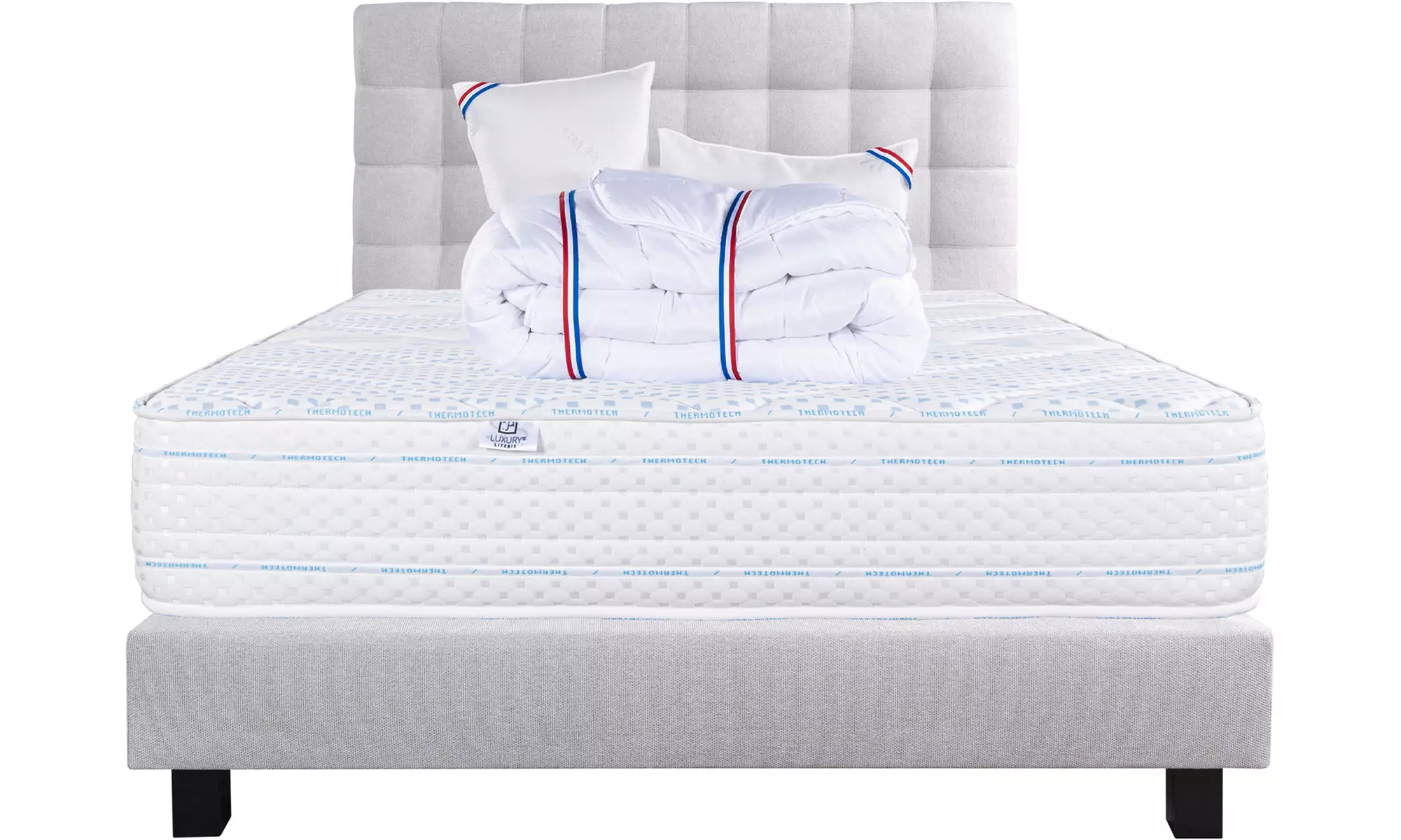 Matelas 24/30 cm avec sommier, tête de lit et couette Luxury Literie