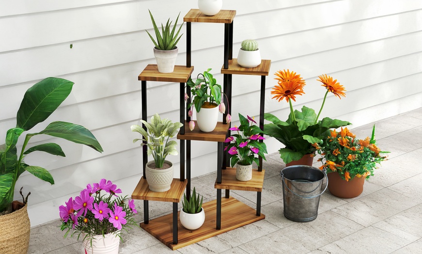 Image 5: Outsunny 5-Tier Corner Plant Stand with Wooden Shelves and Steel Frame