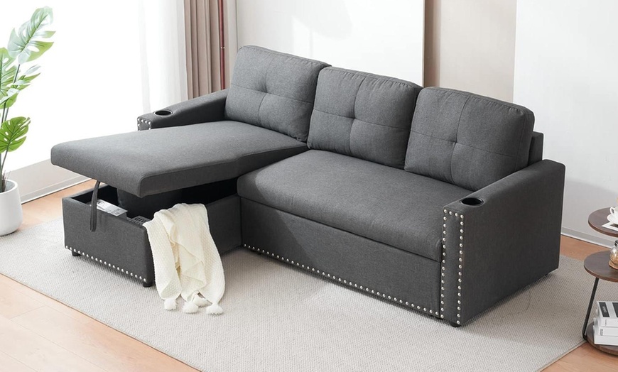 Image 1: Three Seater Reversible Sofa Bed with Storage and Cupholder