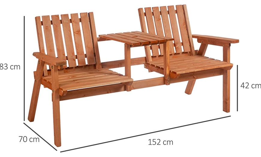 Image 8: Outsunny 2-Seater Wooden Bench with Centre Table