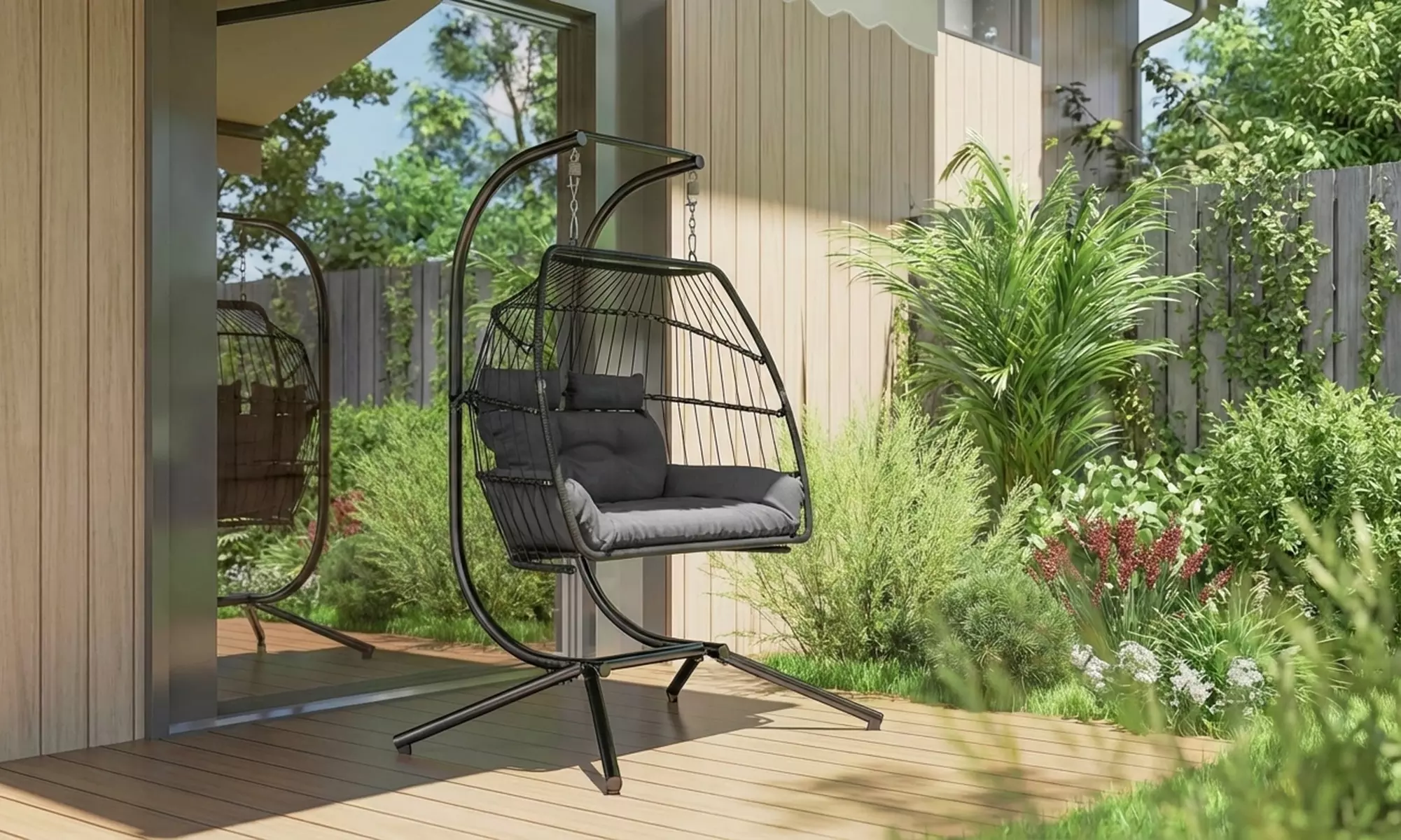 Outsunny Double Egg Rattan-Effect Swing Chair in Dark Grey