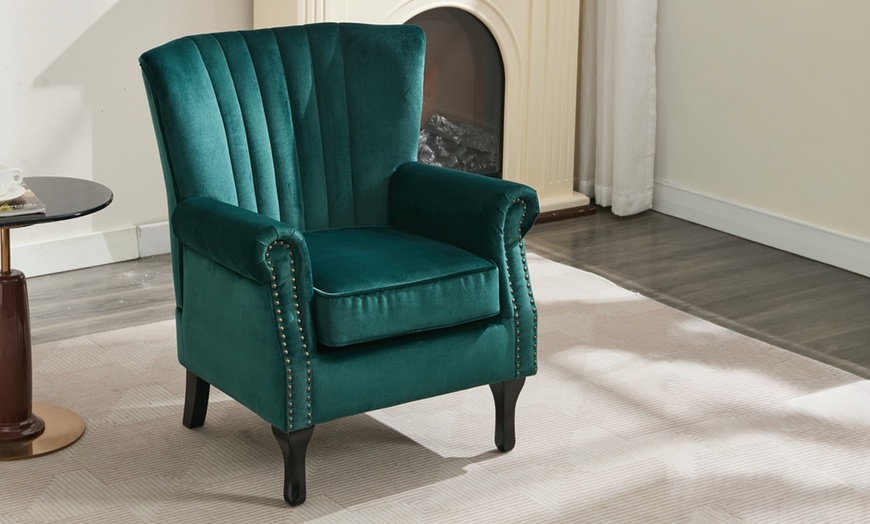 Image 2: Velvet Upholstered Accent Armchair; Stylish Mid-Century Design