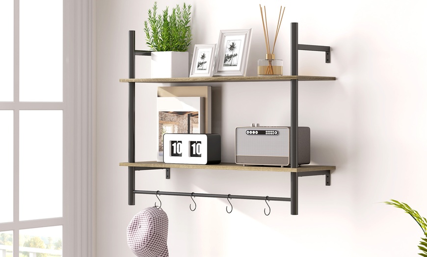 Image 1: HomCom Wall Shelf Unit with Four Hooks for Living Room, Entryway