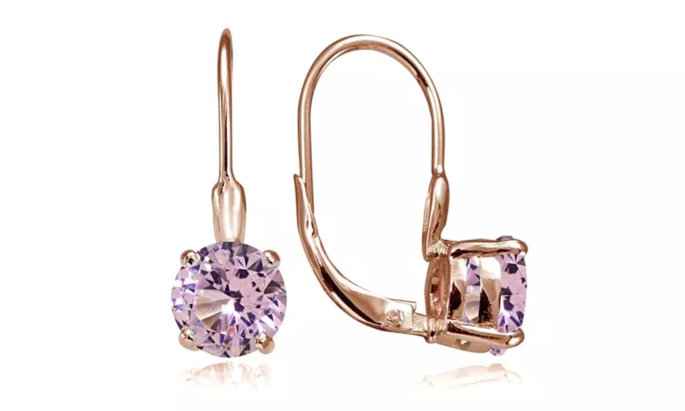 Rose Gold Tone over Silver Simulated Pink Tourmaline Round Leverback Earrings