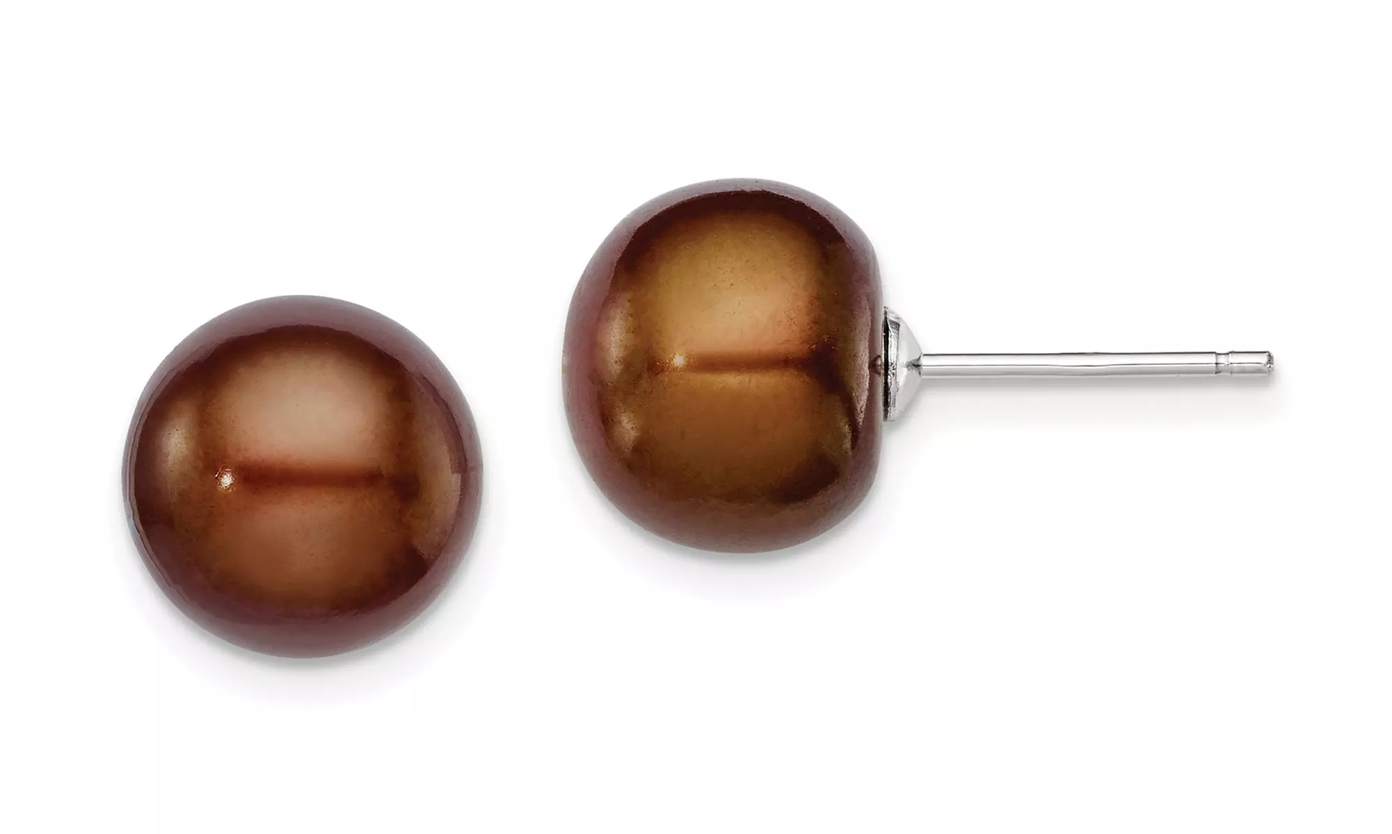 White Gold Plated 11 mm Brown Freshwater Cultured Button Pearl Stud Earrings