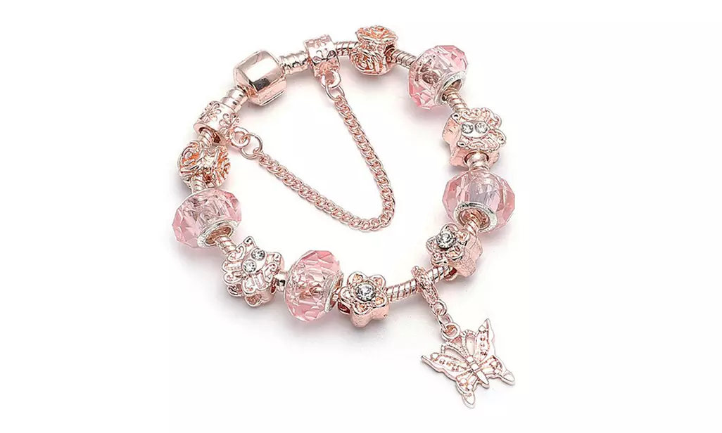  Pink Crystal Butterfly Charm Bracelet Made with Crystals From Swarovski
