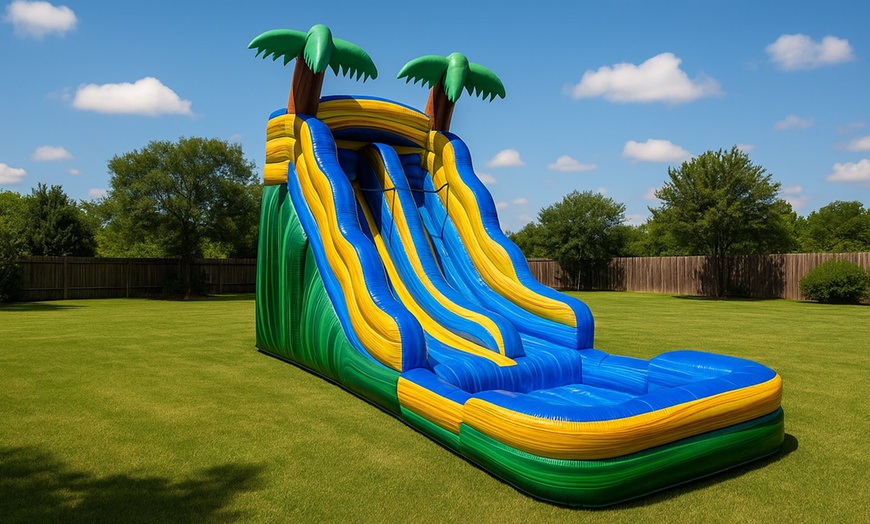 Image 1: 15 Ft Tropical Slide with Mickey Bounce Combo or Flamin' Wave Rental 