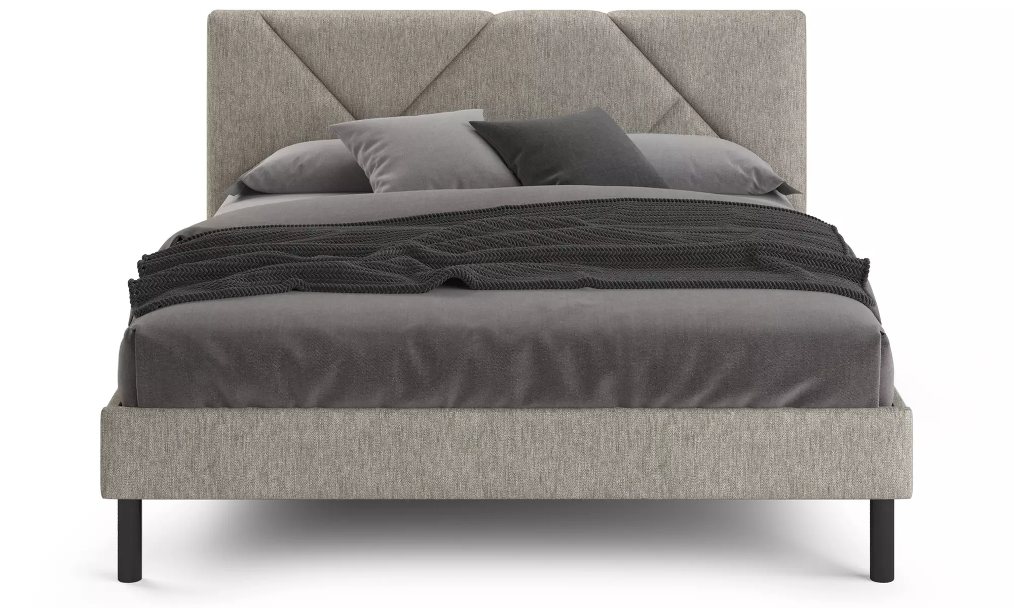 Letto imbottito in tessuto con doghe in legno e vano contenitore