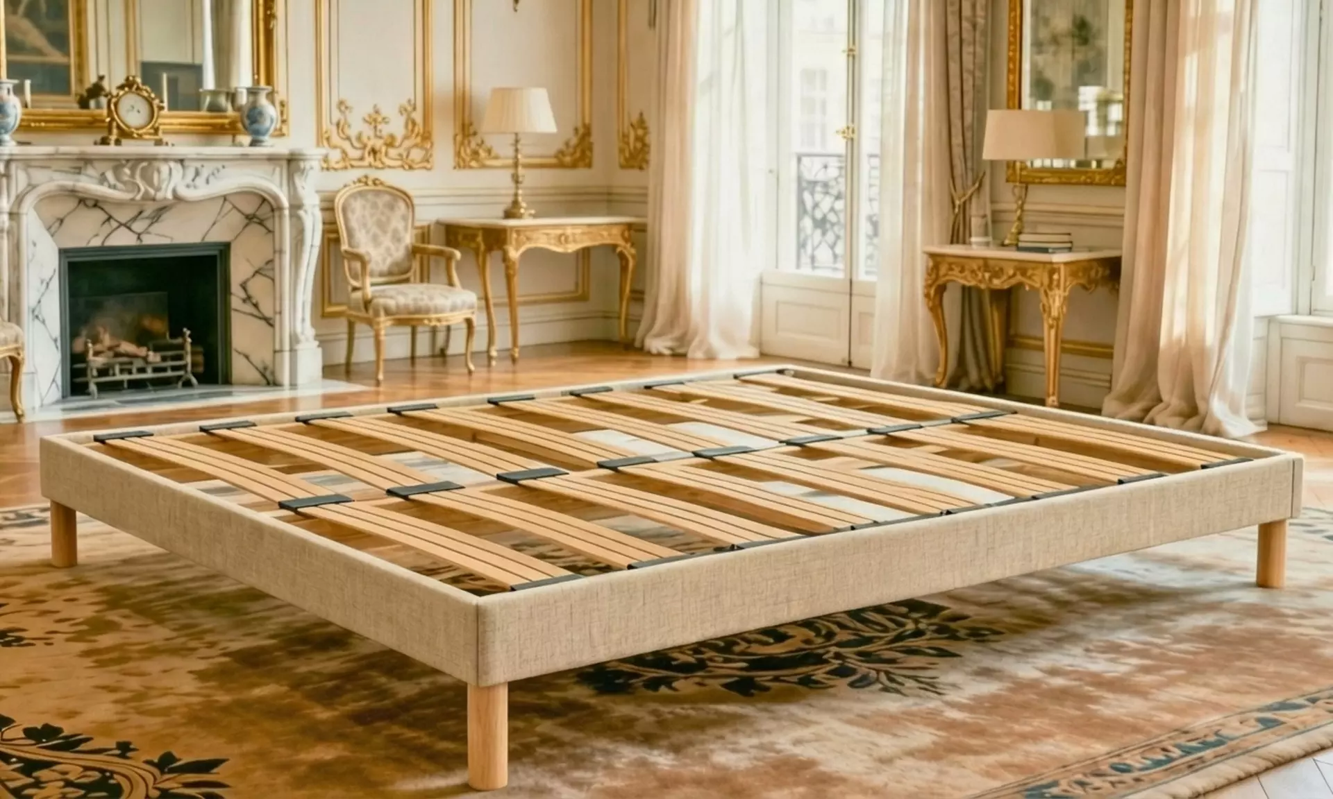 Gestoffeerde beige lattenbodem van duurzaam hout