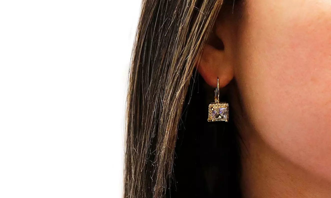 Princess Cut Pave Halo Leverback Earrings Made With Crystals From Swarovski - Second Medium