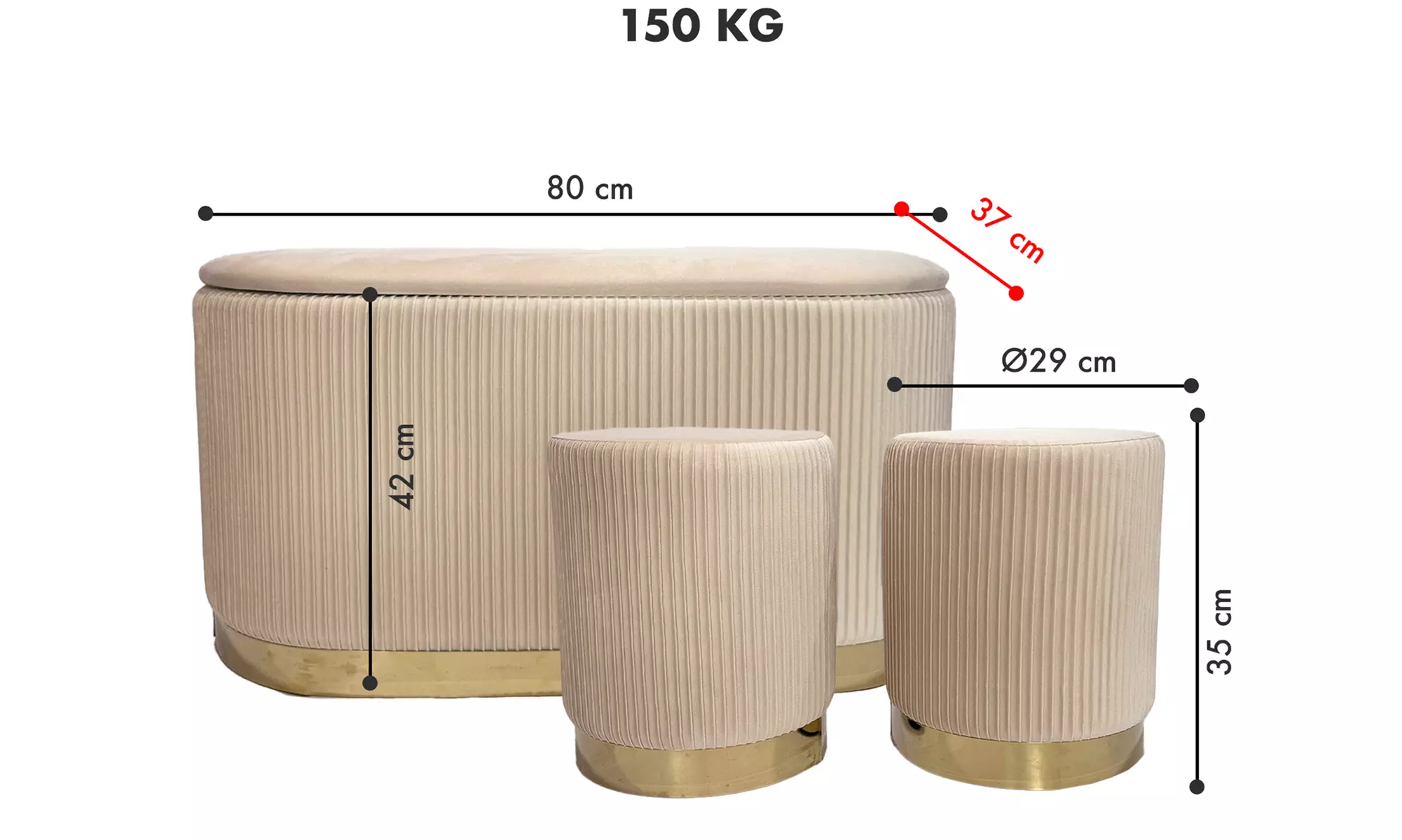 Lote de 3 pufs con tapizado de terciopelo y espacio de almacenamiento