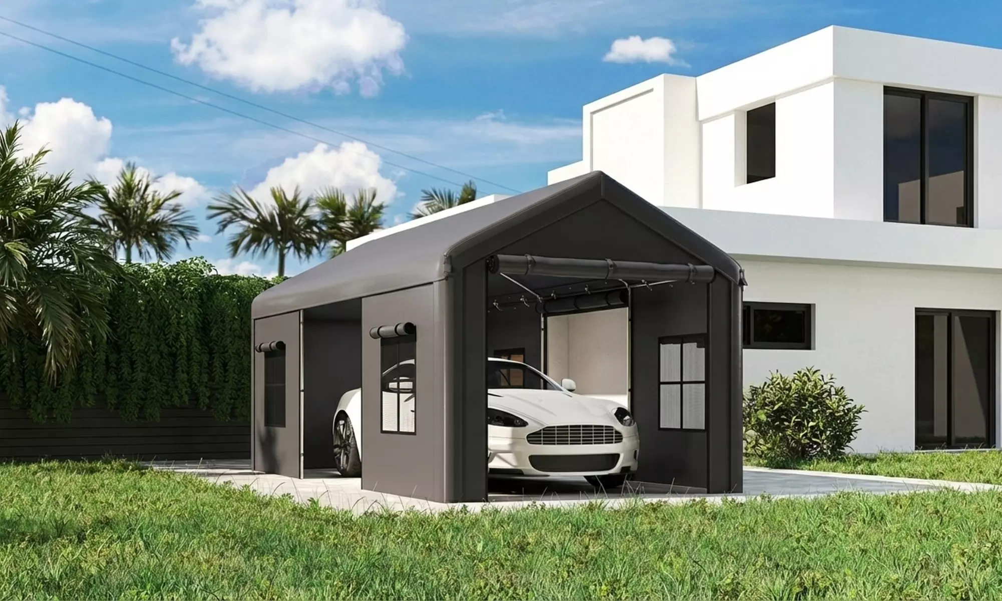 Outsunny 3 x 6 m Fully Enclosed Carport with Doors and Windows