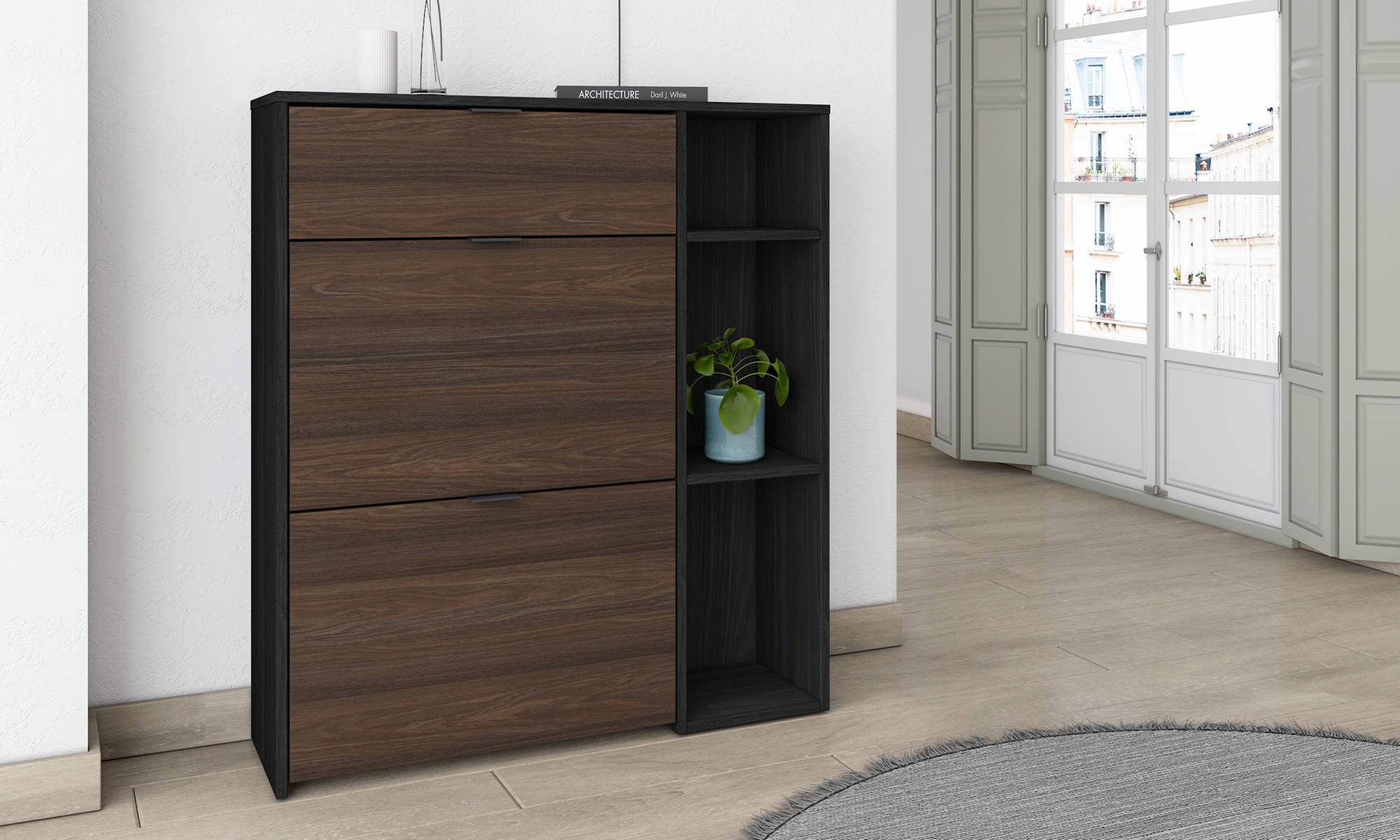 Meuble à chaussures avec 2 abattants, 1 tiroir et étagères latérales