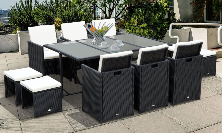 Image 9: 10 Seater Outsunny Rattan-Effect Patio Dining Set with Glass-Top Table