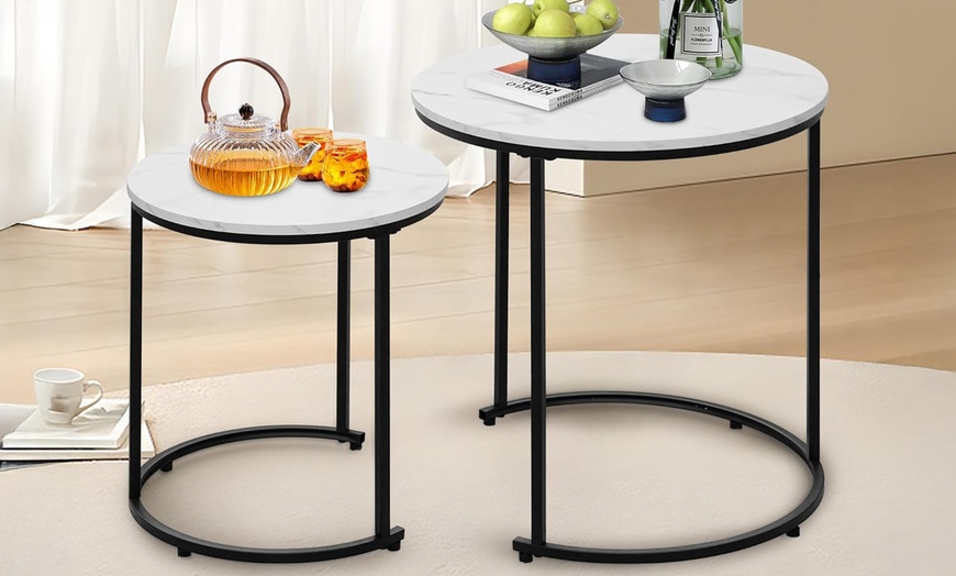 Image 1: Alivio Set of Two Round Metal Frame Coffee Tables with Wooden Top