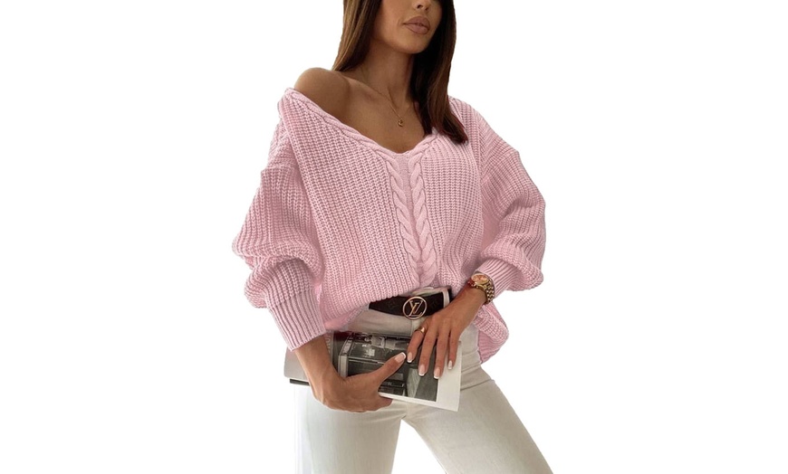 Image 8: Women's Braided V-Neck Cable Knit Oversized Jumper 