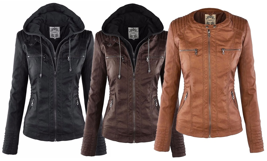 Image 1: Faux Leather Hooded Jacket