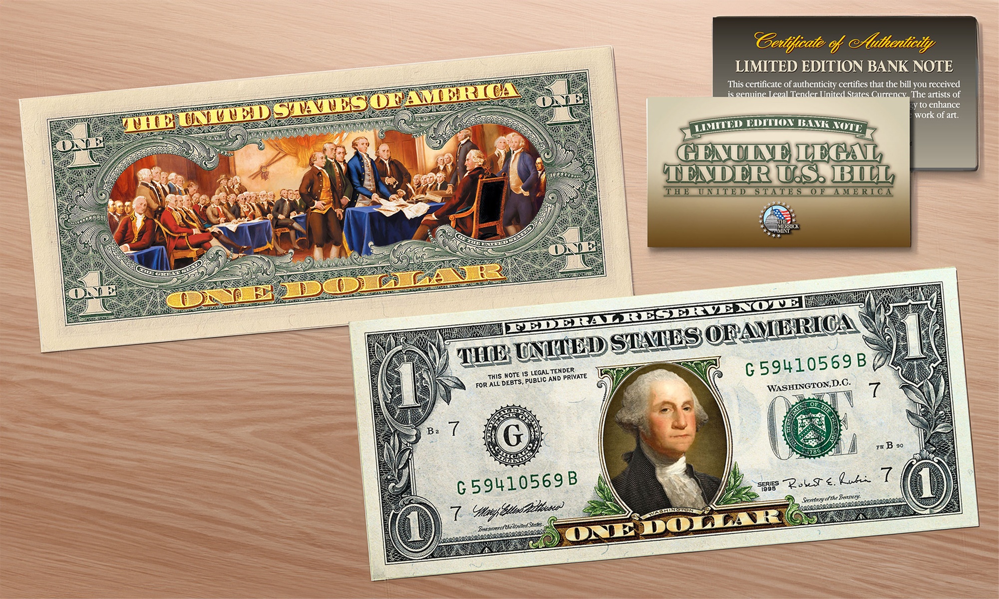 Declaration of Independence Official Legal Tender U.S. One Dollar Bill  2-Sided