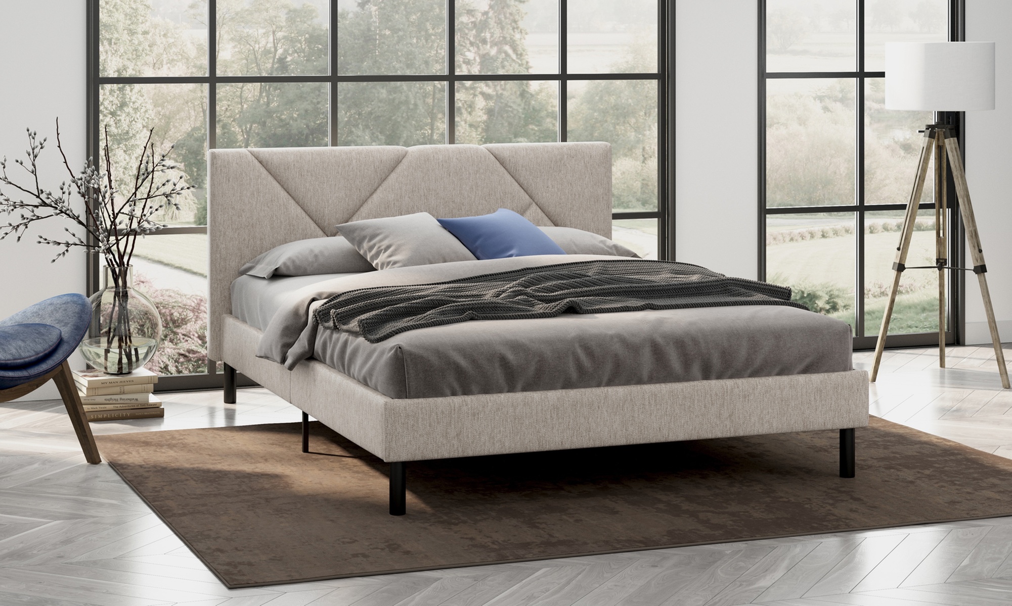 Letto imbottito in tessuto con doghe in legno e vano contenitore