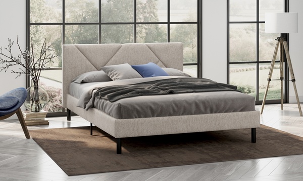 Letto imbottito in tessuto con doghe in legno e vano contenitore