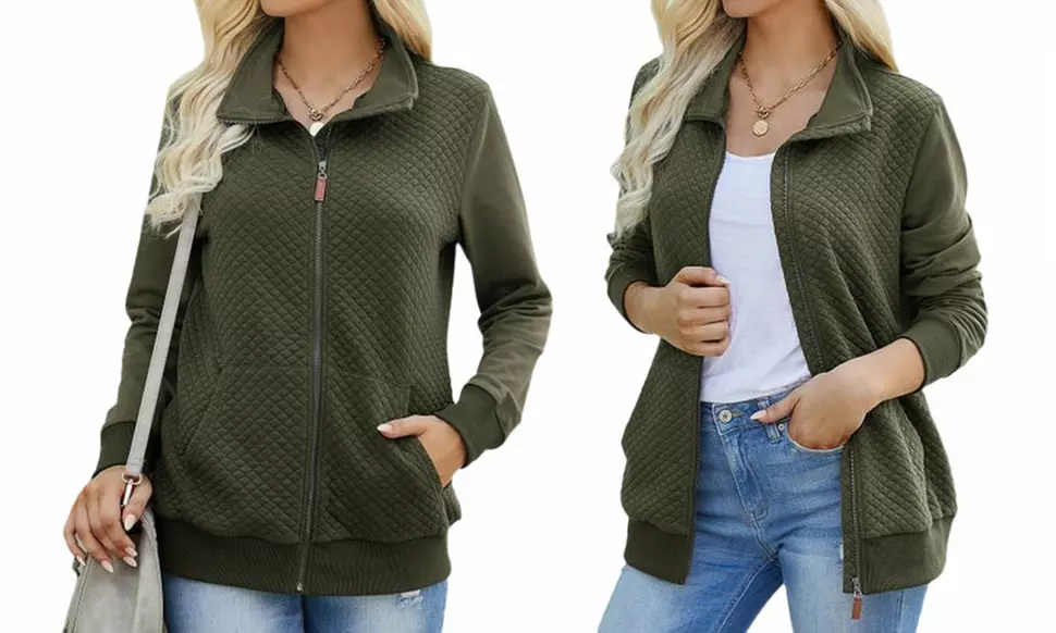 Elings Women Quilted Zip Up Pockets Lightweight Sweatshirt Jacket (S-XL)
