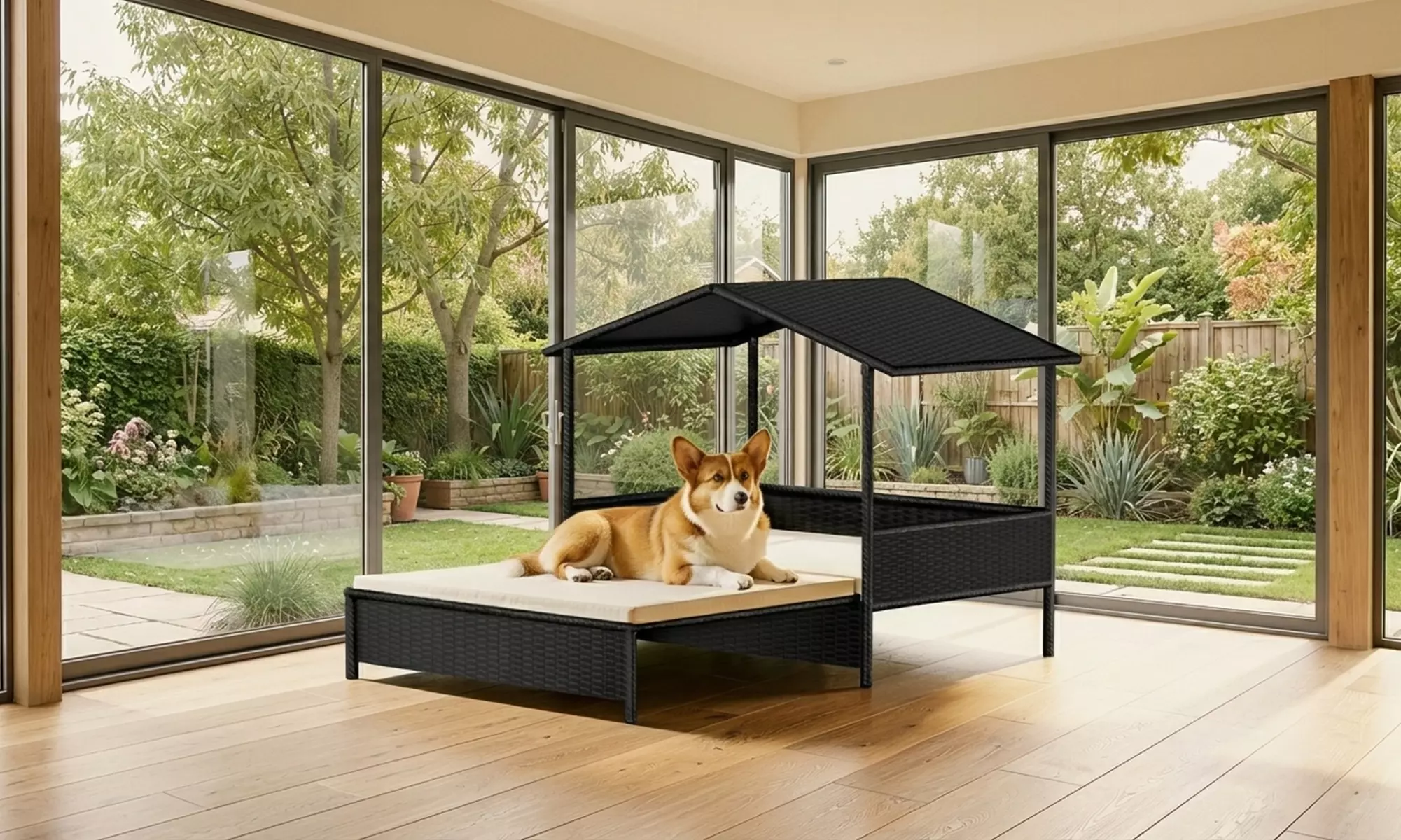 Rattan Effect Pet Bed with Canopy and Cushion