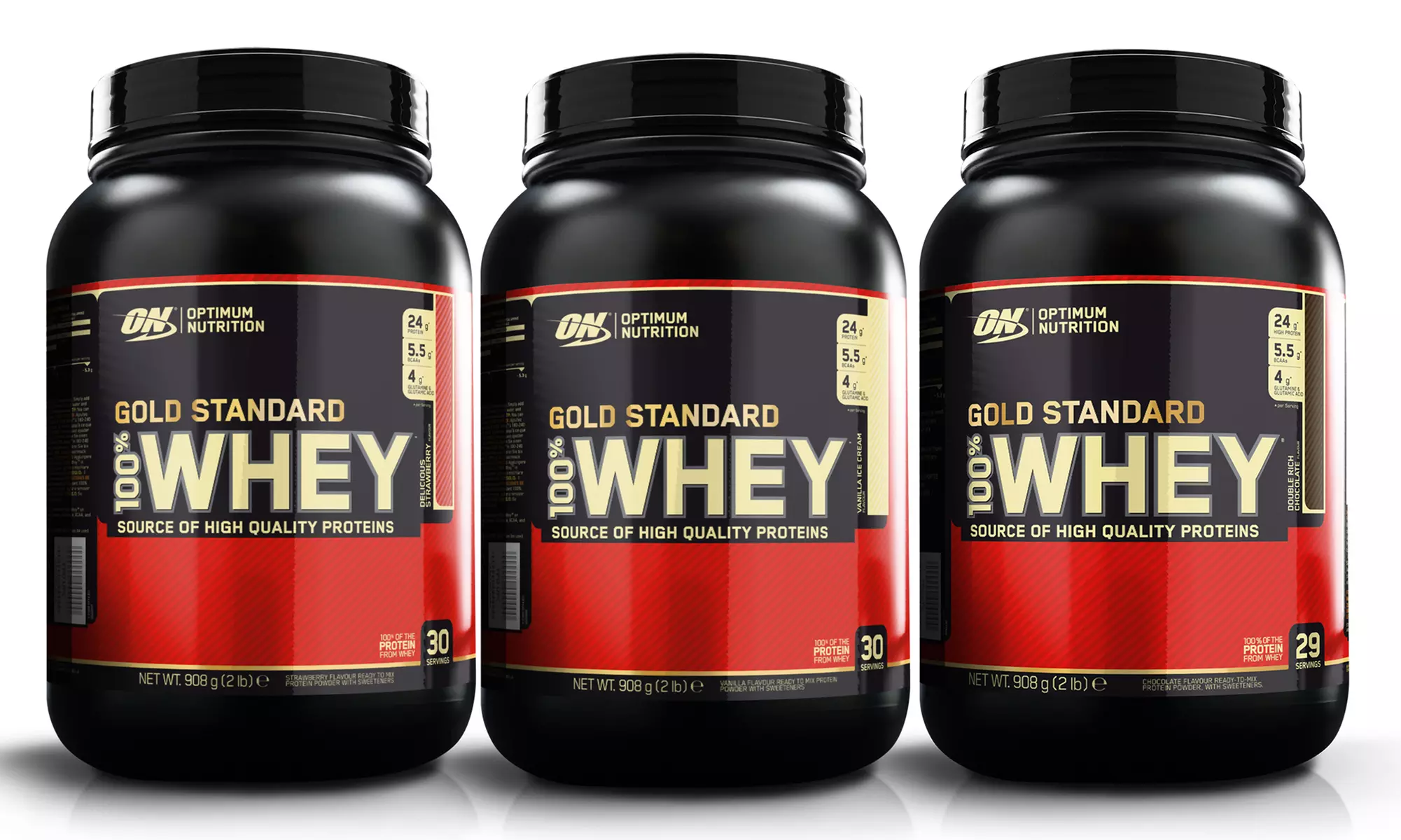 Optimum Nutrition Chocolate, Vanilla or Strawberry Whey Protein Powder 908g - Primary Image
