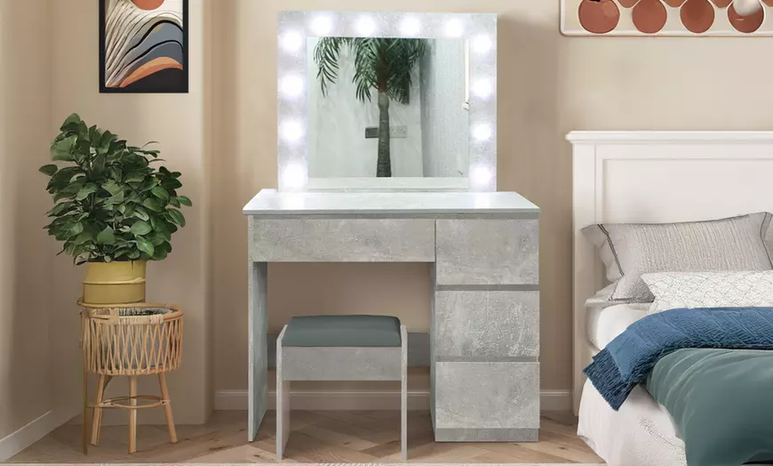 Image 1: Compact Makeup Vanity with LED Mirror, Stool and Storage