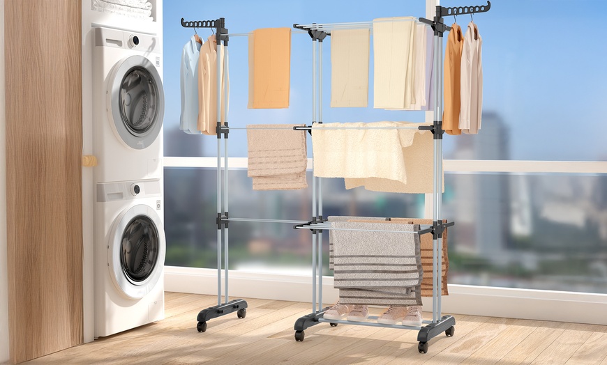 Image 3: Black or Blue Four-Tier Foldable Laundry Dryer Rack Indoor or Outdoor
