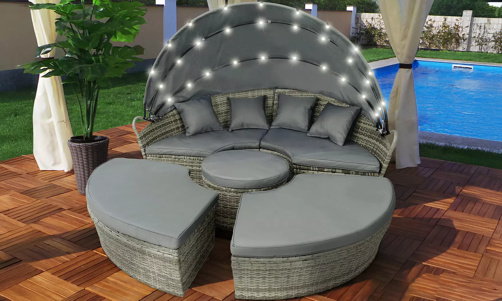 Swing & Harmonie Polyrattan-LED-Sonneninsel mit Regenabdeckung