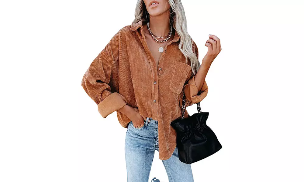 Women Loose Casual Corduroy Button Down Shirts Long Sleeve Blouses Tops