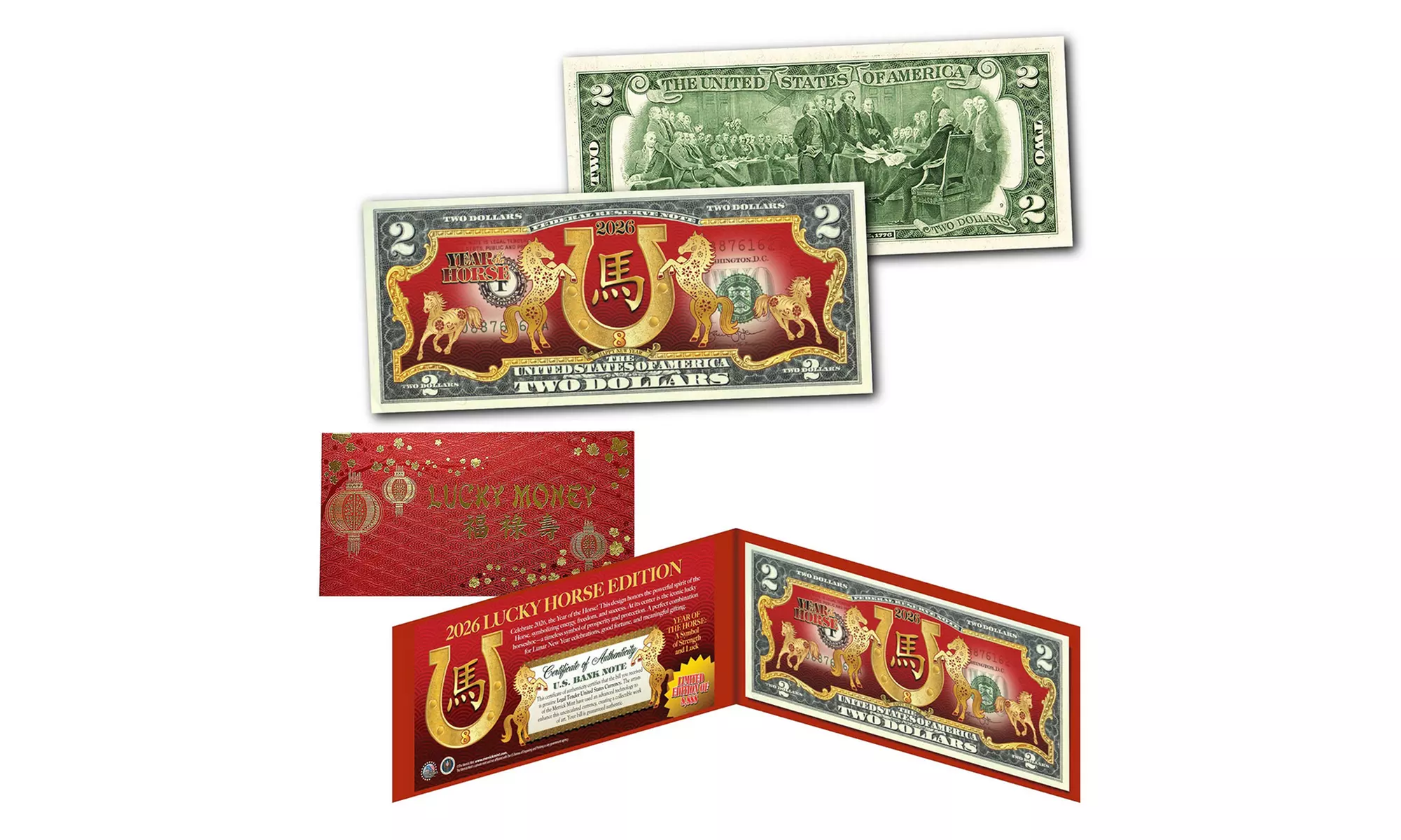 2026 Lucky Horse Shoe Chinese New Year Ltd Edition 2 Dollar Bill - Red Envelope