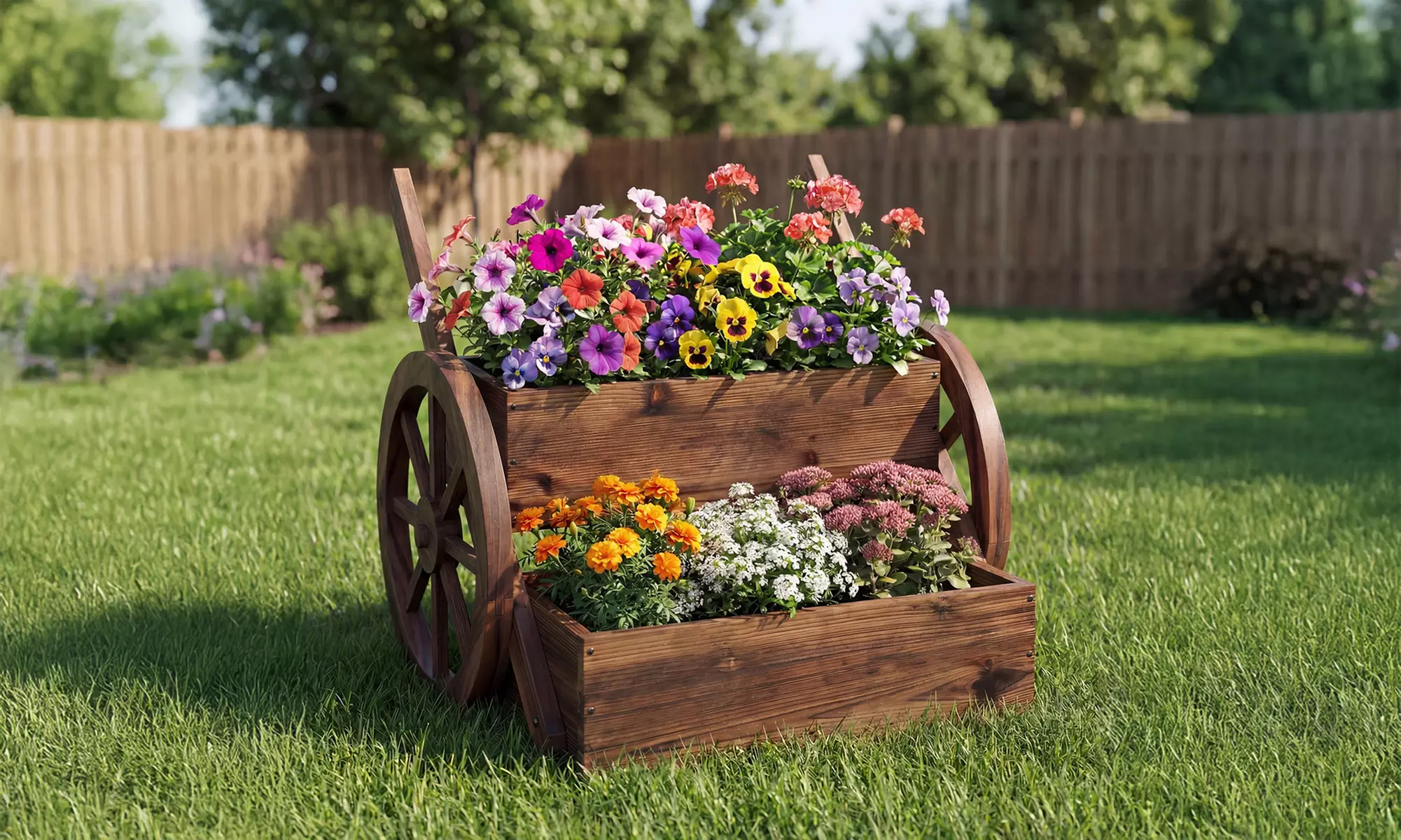 Costway 2-Tier Rustic Wooden Wagon Planter Box with Drainage Holes