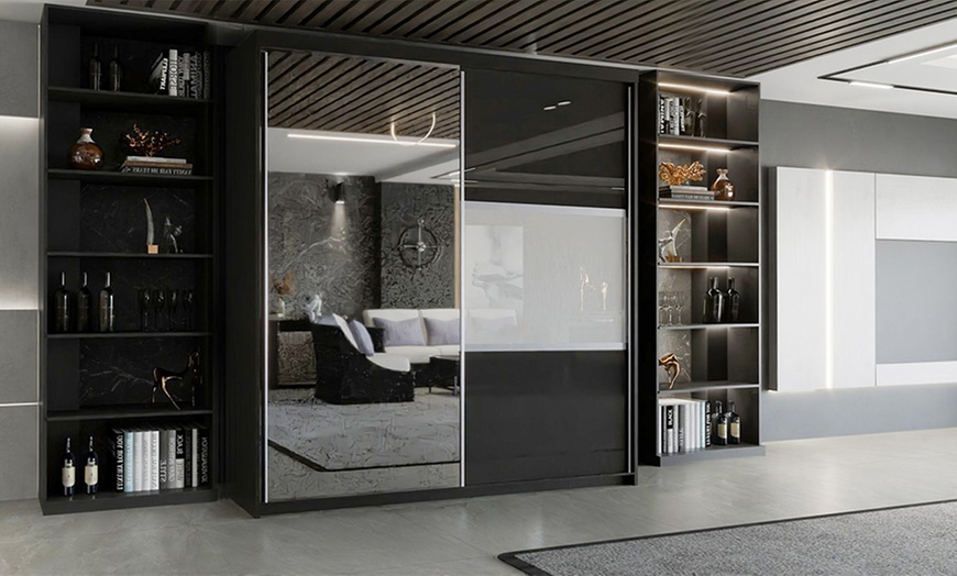 Image 1: Modern High Gloss Door Wardrobe With Mirror and Drawers