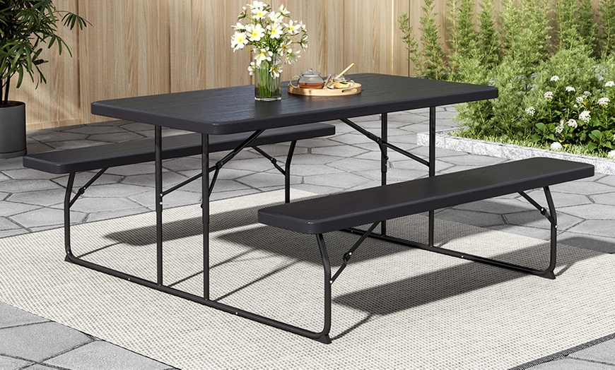 Image 1: Foldable Black Picnic Table and Bench Set
